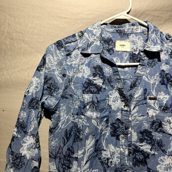 Max Women‎ 1/4 Button Shirt Dress Size S/10 Floral Blue Long Sleeve - Picture 3 of 14